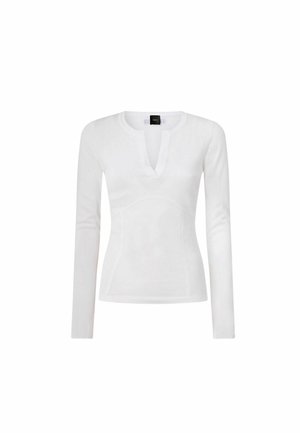 Top bianco da donna a maniche lunghe, aderente, con scollatura rotonda e una piccola apertura a forma di V sul davanti.