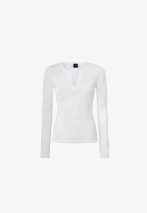 Top bianco da donna a maniche lunghe, aderente, con scollatura rotonda e una piccola apertura a forma di V sul davanti.