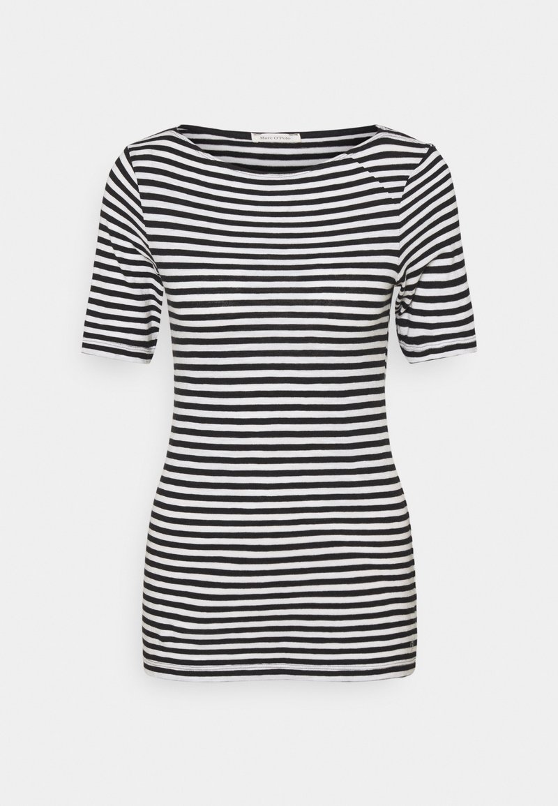 Black and white striped short-sleeve t-shirt. Features a wide neckline and soft texture. Simple design, offering a casual look.