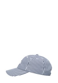 Gestreifte Baumwoll-Baseballmütze in Marineblau und Weiß, mit einem gebogenen Schirm, sechspaneligem Design und verstellbarem Hinterverschluss.