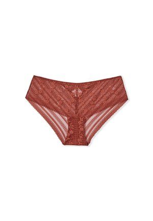 Culotte en dentelle de couleur rouille, ornée de motifs floraux, avec des bords festonnés et des côtés transparents pour un look et une sensation délicats.