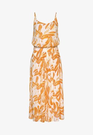 Vestido blanco sin mangas con patrones abstractos de hojas naranjas, con tirantes finos y falda suelta y fluida.