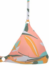 Trojuholníkový bikiny vrch v ružovej farbe, zdobený tropickými kvetinovými vzormi v oranžovej, teal a zelenej farbe, s pozláteným kovovým krúžkom na ramienku.