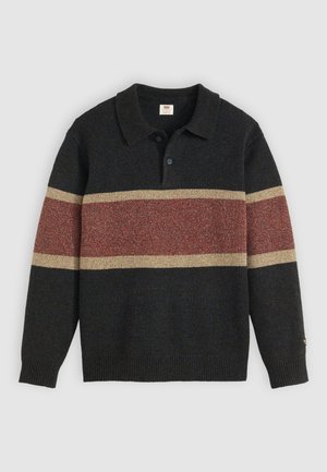 Dark sweater with polo collar, featuring a textured knit. Three horizontal stripes in rust red, beige, and dark gray. Ribbed cuffs.