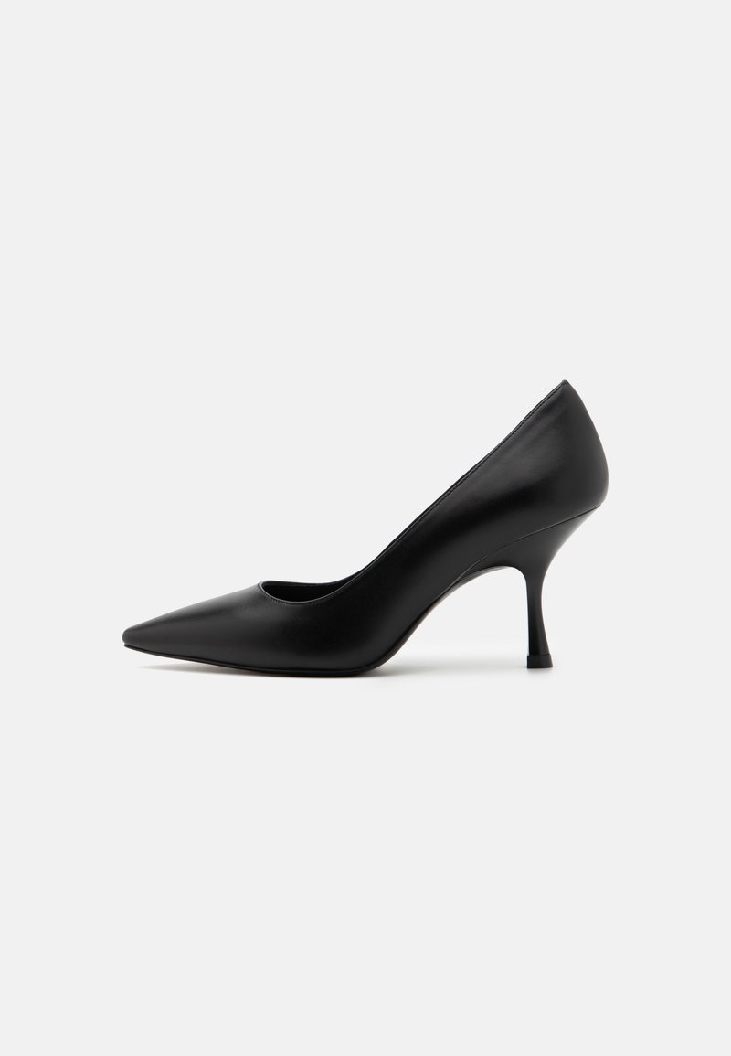 Black leather high-heeled pump with a pointed toe and a slender heel, featuring a smooth texture and a classic silhouette.