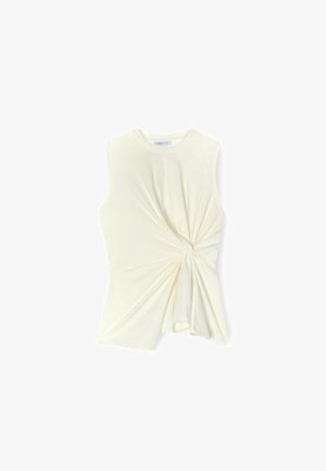 Mouwloos crèmekleurig top gemaakt van een zachte stof, met een gedraaide knoopdetail aan de voorkant en een gedrapeerd ontwerp aan de zoom.