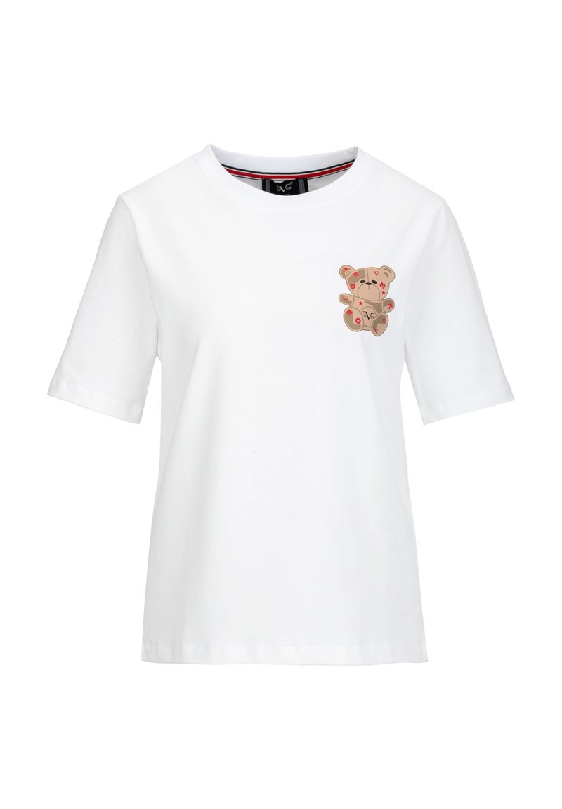 Weißes Baumwoll-T-Shirt mit kurzen Ärmeln, das ein Teddybären-Motiv in Beige und roten Akzenten auf der Brust zeigt. Rundhalsausschnitt, lockere Passform.