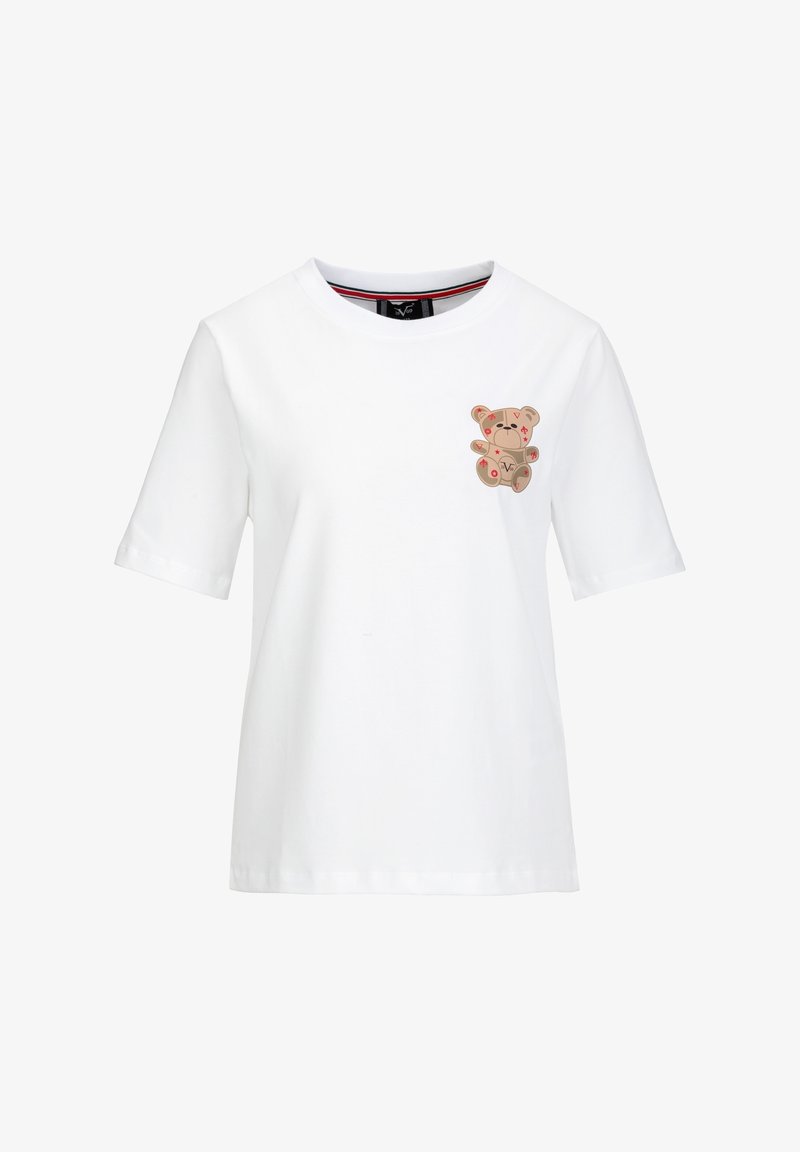Weißes Baumwoll-T-Shirt mit kurzen Ärmeln, das ein Teddybären-Motiv in Beige und roten Akzenten auf der Brust zeigt. Rundhalsausschnitt, lockere Passform.