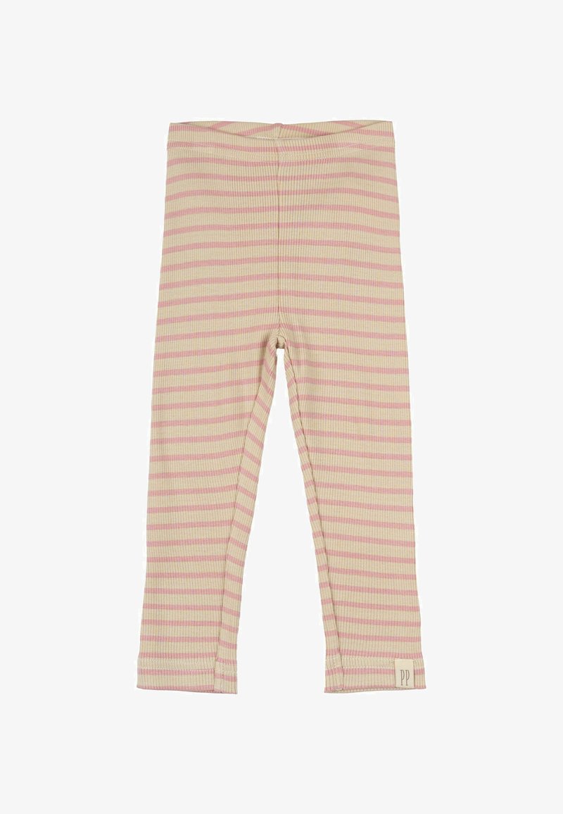 Hladké legíny v svetlej béžovej farbe s ružovými pruhmi, pričom majú jemnú textúru, priliehavý strih a na páse označenie "PP".