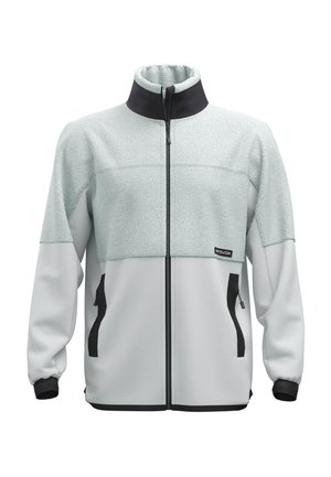 Light gray jacket with a textured upper panel, black collar and zipper, elastic cuffs, and two zippered side pockets.