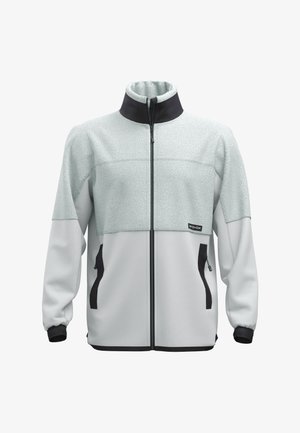 Light gray jacket with a textured upper panel, black collar and zipper, elastic cuffs, and two zippered side pockets.