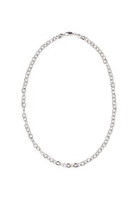 Sølv metal kæderekæde med sammenkoblede led, der har en glat finish og en sikker lås. Enkle, ensartede led skaber et sammenhængende design.