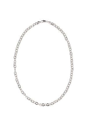 Zilveren metalen kettinghalsband met onderling verbonden schakels, met een gladde afwerking en een stevige sluiting. Eenvoudige, gelijkmatig grote schakels zorgen voor een samenhangend ontwerp.
