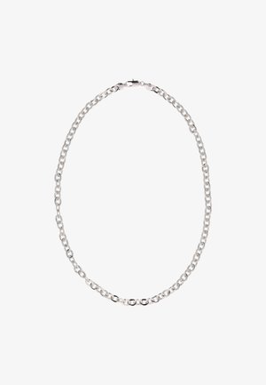 Silberne Metallkette mit ineinandergreifenden Gliedern, die eine glatte Oberfläche und einen sicheren Verschluss aufweist. Einfache, gleichmäßig große Glieder schaffen ein stimmiges Design.