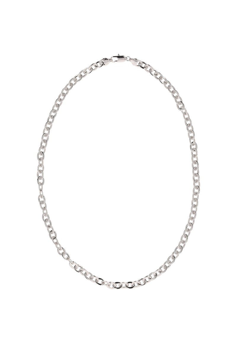 Sølv metal kæderekæde med sammenkoblede led, der har en glat finish og en sikker lås. Enkle, ensartede led skaber et sammenhængende design.