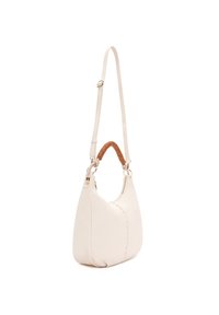 Borsa a mano di colore crema in pelle, con una forma arrotondata, dotata di un manico intrecciato marrone e di una tracolla removibile. Accenti in metallo dorato visibili.