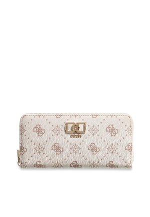 Portefeuille beige à fermeture éclair tout autour, avec logo Guess doré et motif répétitif sur une surface texturée.