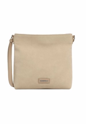 Beige rektangulær skuldertaske med justerbar rem og lille sølvfarvet mærkelogo-plakette centreret nær bunden.