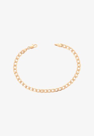 Bracciale in oro con maglie piatte intrecciate e chiusura a gancio su uno sfondo bianco.