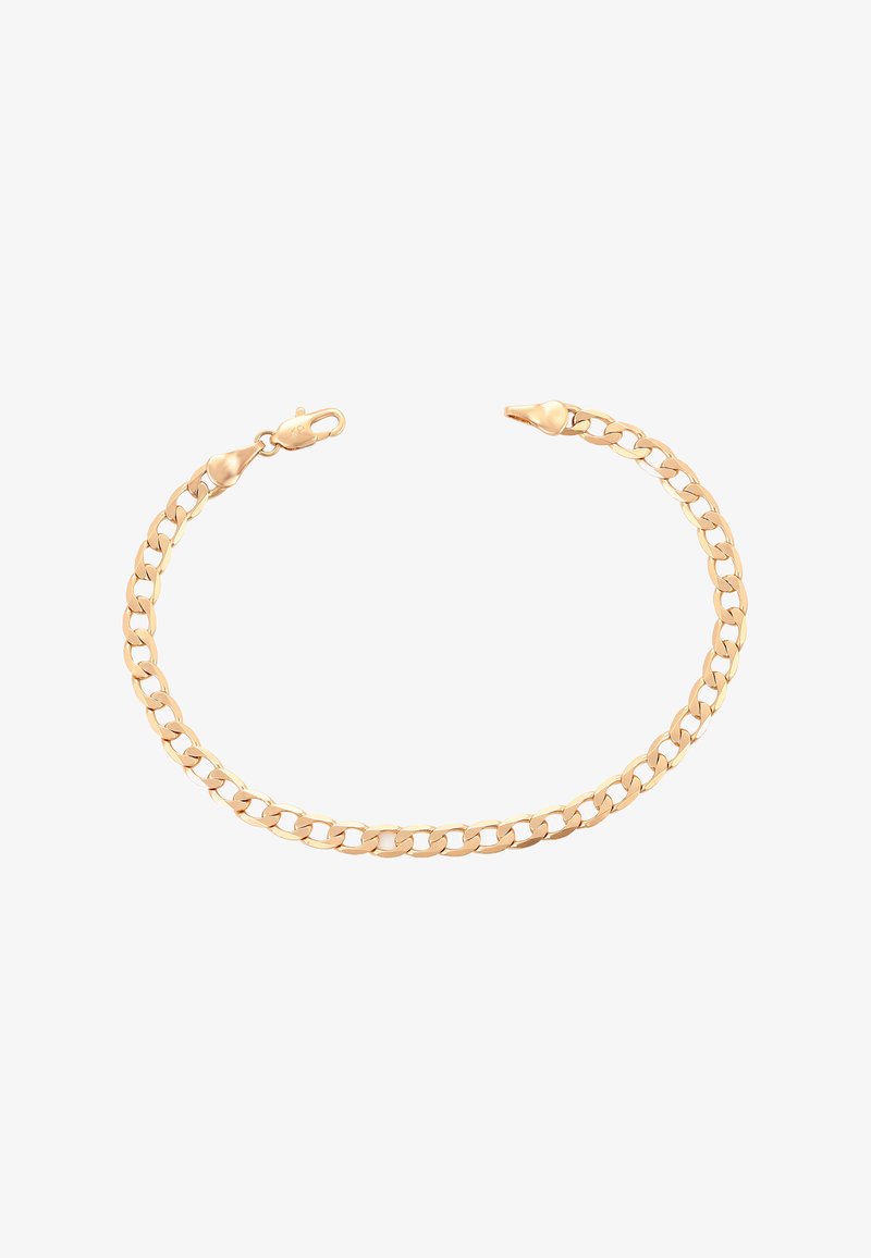 Arany lánc karkötő, összekapcsolt lapos szemekkel és homárcsattal fehér háttéren.