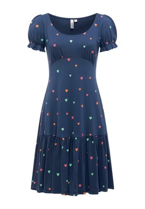 Granatowa sukienka z krótkim rękawem z bufkami, dekoltem w serek, warstwową spódnicą i wzorem z drobnych, wielokolorowych serduszek rozsianych po tkaninie.