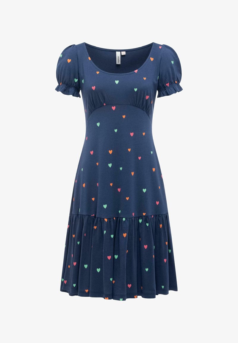 Marineblauwe jurk met korte mouwen, opgeblazen mouwen, ronde hals, geplooide rok en een patroon van kleine, meerkleurige hartjes verspreid over de stof.