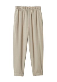 Beige, elastische taillebroek met een ontspannen pasvorm. Glad materiaal, taps toelopende broekspijpen en geen zichtbare sluitingen of patronen.