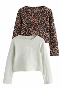 Kaks pikakäistelist ribivridest topi tüdrukutele, üks beež väikese tigukese tikandiga, teine leopardimustri ja punase tikandiga südametootega rinnal.