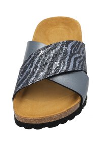 Infradito blu con una fascia glitterata a motivo zebra. Sottopiede morbido e imbottito e suola in gomma strutturata.