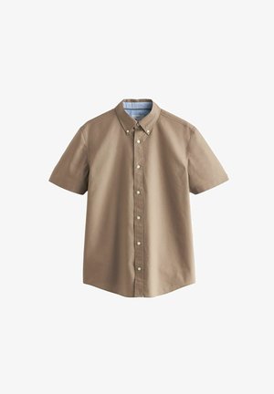 Chemise brune à manches courtes en coton avec un col boutonné, présentant une finition texturée et une doublure intérieure à rayures bleu clair.