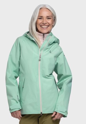 Minzgrüne wasserdichte Jacke mit Kapuze, Frontreißverschluss und verstellbaren Bündchen. Verfügt über zwei Seitentaschen und dezente Markenlogo-Applikation am Ärmel.
