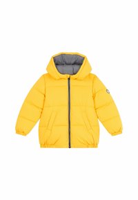 Giubbotto a vento giallo con cappuccio, foderato a strisce grigie, con zip frontale e due tasche laterali. Presenta polsini elastici e orlo arrotondato.