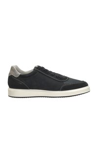Lace-up sneaker in dark blue leather with gray suede accents, white rubber sole, contrasting stitching, and textured interior lining.