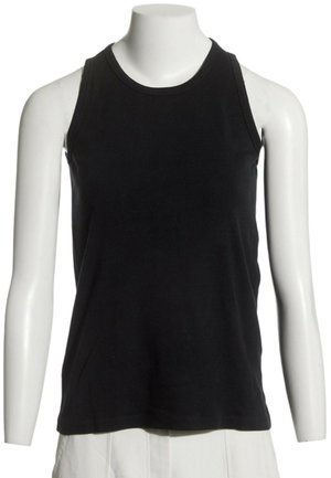 Schwarzes ärmelloses Tanktop mit rundem Ausschnitt, gezeigt auf einem weißen Schaufensterpuppentorso vor weißem Hintergrund.