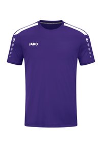 T-shirt de sport violet à manches courtes, avec des accents d'épaule blancs et un motif à pois sur les manches. Nom de la marque "JAKO" imprimé en blanc.