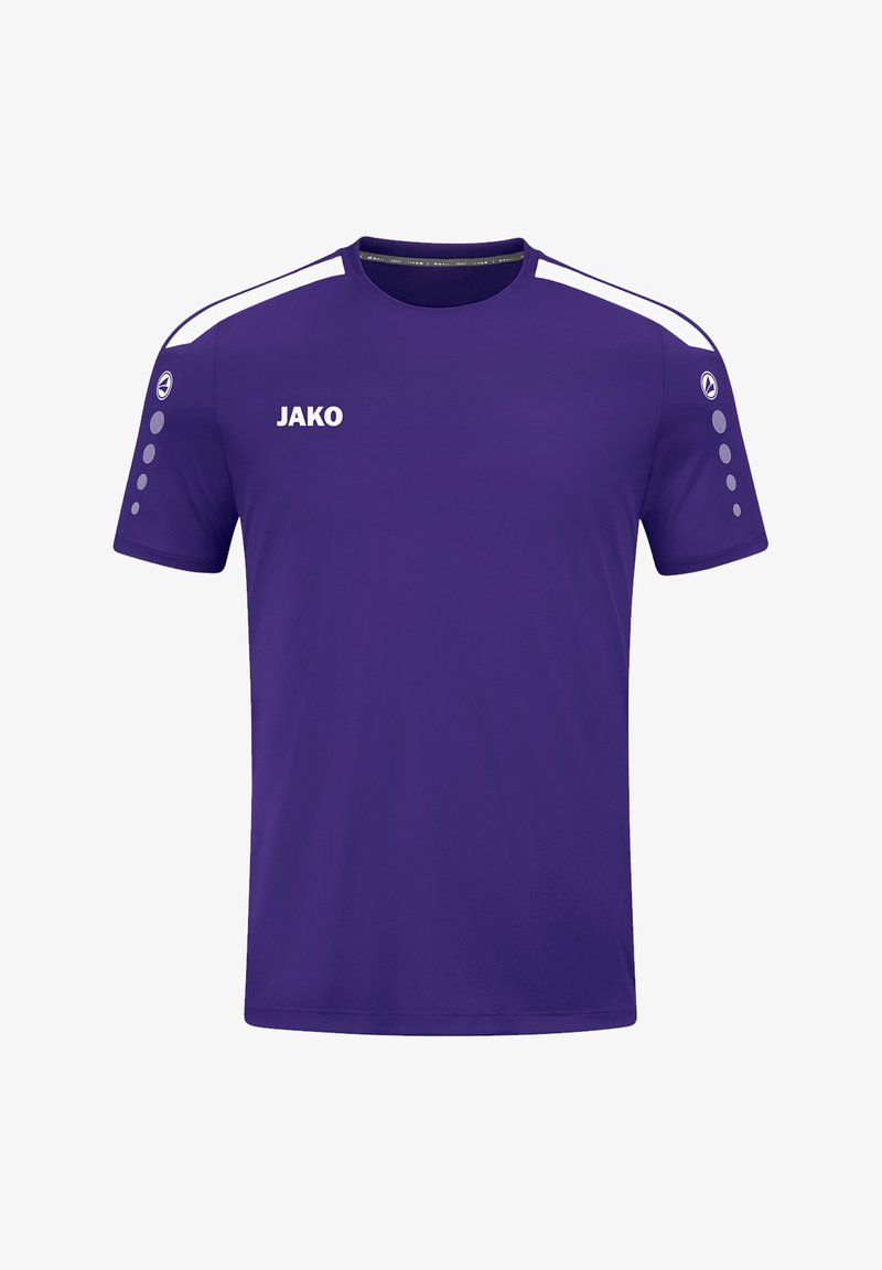 Lila Sportshirt mit kurzen Ärmeln, ausgestattet mit weißen Schulterakzenten und einem gepunkteten Design auf den Ärmeln. Markenname "JAKO" in Weiß aufgedruckt.