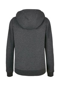 Grijze hoodie, zachte katoenmix, met een ontspannen pasvorm, ribgebreide manchetten en een zoom. Geen voorzakken of zichtbaar ontwerp.