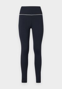 Navy fitted leggings made of stretchy fabric, featuring a wide waistband with a reflective trim along the top for visibility.