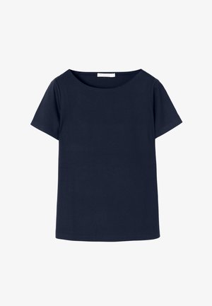 Tamsiai mėlyna trumpas rankovė t-shirt su apvalia iškirpte. Pagamintas iš glotnaus audinio, jis turi laisvą siluetą ir paprastą dizainą. Nėra raštų ar akcentų.