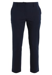 Marina blå byxor i vävt tyg, med rak skärning, knappstängning och bältesöglor, utan synliga mönster eller dekorer.