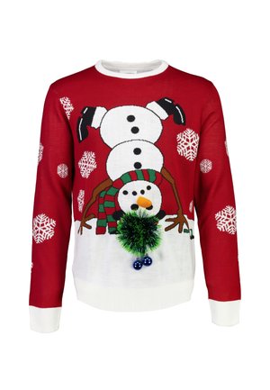 Maglione rosso con un design giocoso di un pupazzo di neve, fiocchi di neve bianchi, sciarpa a strisce verdi e rosse, e un pompon verde con ornamenti blu.