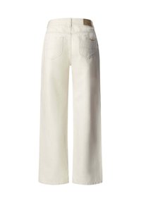 Εκρού τζιν παντελόνι με φαρδιά μπατζάκια, δύο πίσω τσέπες και καφέ δερμάτινο ετικέτα του бренδου στη μέση.