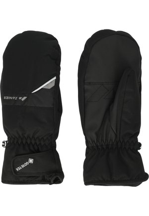 Schwarze isolierte Fäustlinge mit verstellbaren Handgelenkbündchen, ausgestattet mit einer glatten Außenseite und reflektierenden Akzenten für Sichtbarkeit. Hergestellt aus wetterfestem Material.