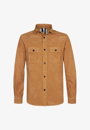 Bruine corduroy overhemd met een button-down kraag, twee borstzakken en zwarte knopen. Gelaagd stof met een zachte afwerking. Lange mouwen.