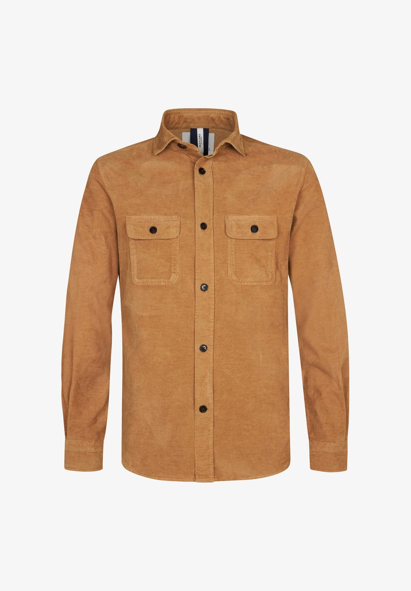 Chemise en velours côtelé marron avec un col boutonné, deux poches poitrine et des boutons noirs. Tissu texturé avec une finition douce. Manches longues.