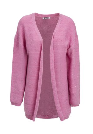 Lichtroze cardigan van losgebreid materiaal, met een ontspannen open voorkant, lange mouwen en subtiele glittertjes overal.