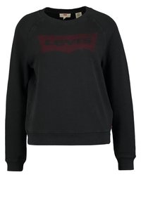 Black sweatshirt made of cotton with a crew neckline, raglan sleeves, and a maroon Levi's logo across the front. Soft texture, ribbed cuffs.
