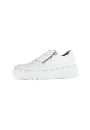 White leather sneaker with lace-up design, side zipper, textured sole, and braided accent along the midsole. Flat, round toe shape.