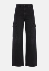 Pantaloni cargo in denim nero con gamba ampia, dotati di due tasche laterali e chiusura con bottone. Tessuto liscio con design classico.