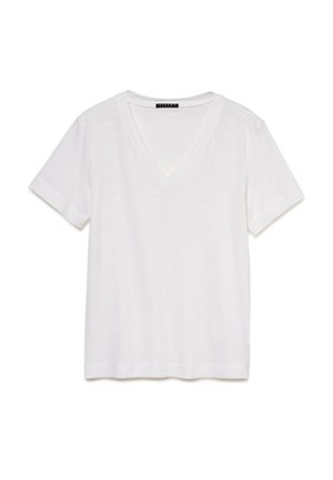 T-shirt blanc à manches courtes et col en V avec un design simple, présenté à plat sur un fond blanc.